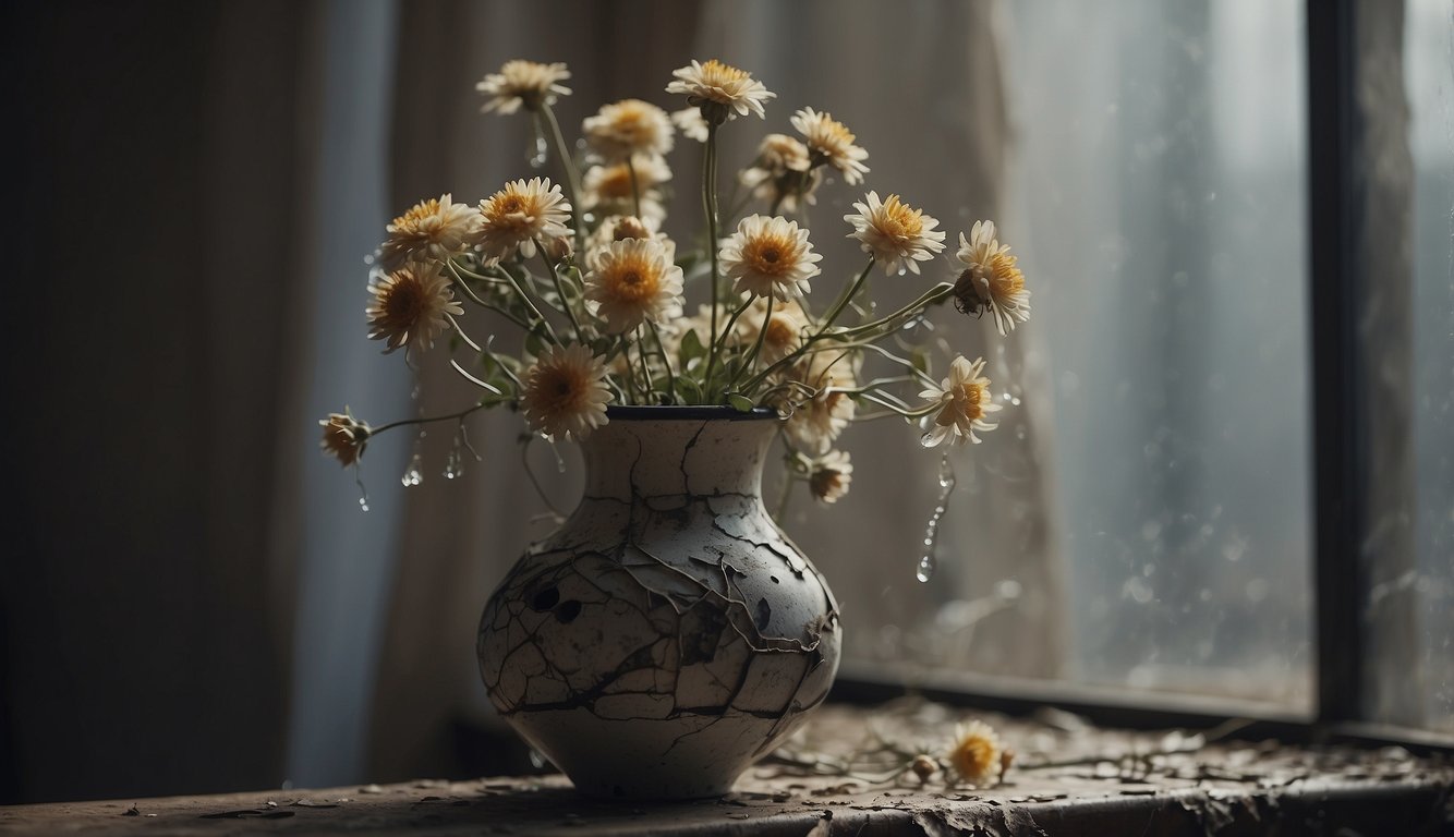 A cracked vase with wilting yellow flowers on a weathered windowsill, symbolizing premature aging.