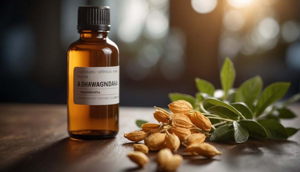 A bottle of Ashwagandha oil next to Ashwagandha leaves and seeds, illustrating the natural origin of the product.