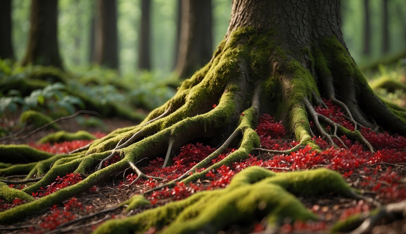 A tree with moss-covered roots surrounded by red barberries in a forest.
