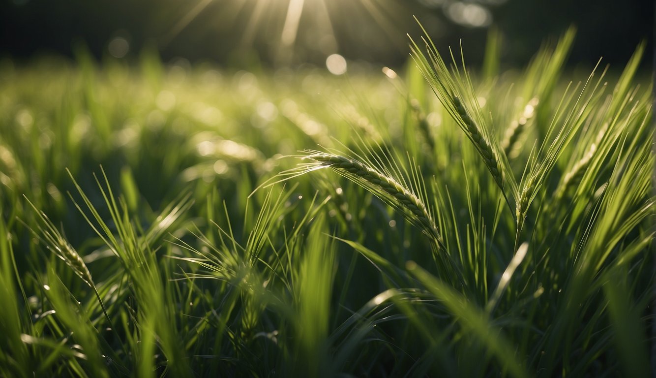 A lush field of green barley grass, illuminated by the golden rays of the sun.