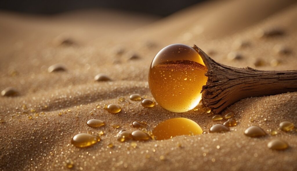 A close-up image of a golden droplet of myrrh resin resting beside a piece of wood on sandy ground, with smaller droplets scattered around.
