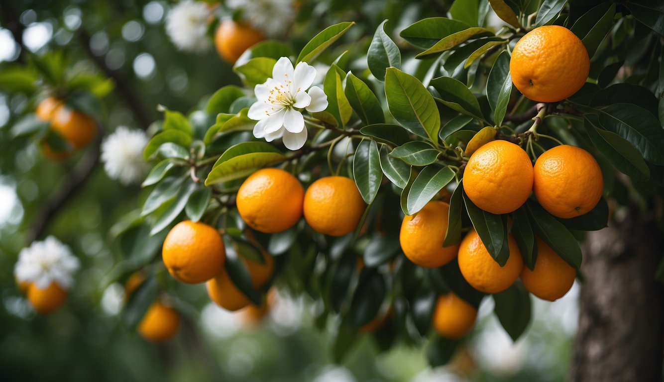 A cluster of ripe bitter oranges hanging from a tree, surrounded by lush green leaves and delicate white flowers.