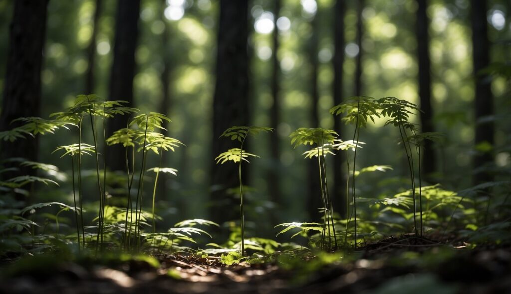 A serene forest scene with sunlight filtering through tall trees, illuminating young plants on the forest floor.