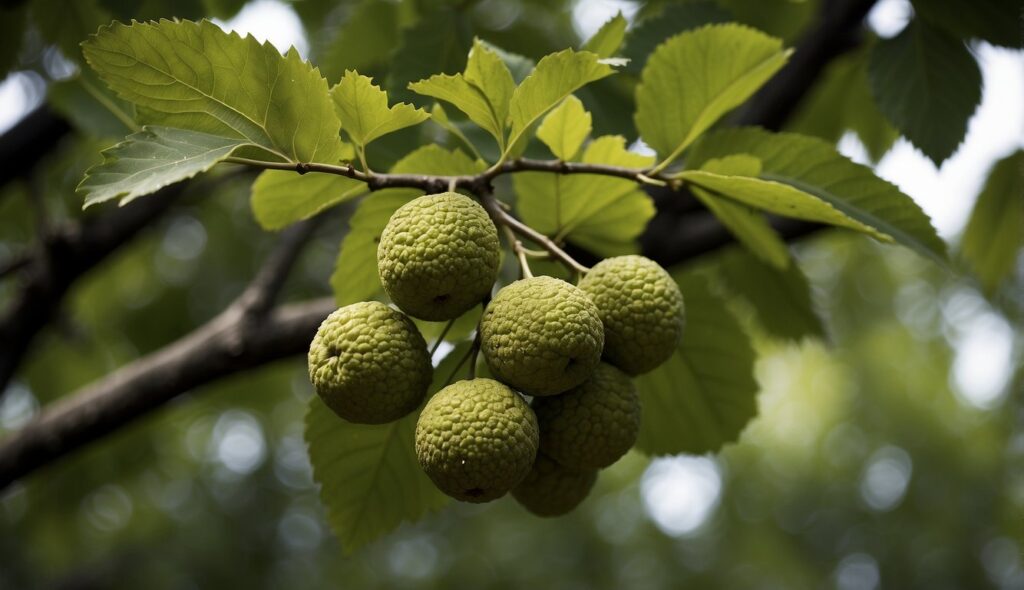 A close-up view of a cluster of green Black Walnut (Juglans Nigra) fruits hanging from a branch, surrounded by bright green leaves.