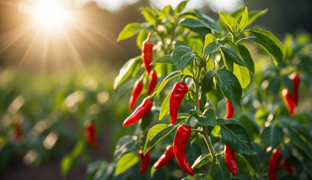 A lush cayenne pepper plant with ripe red peppers, bathed in the golden light of the setting sun.