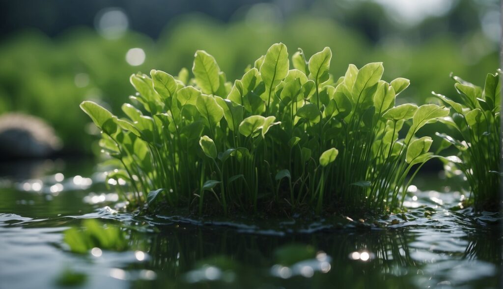 A lush cluster of green Chlorella plants thriving in a water environment, illuminated by natural light.