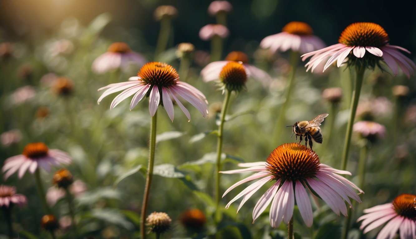 A bee pollinating a blooming Echinacea flower in a field of Echinacea flowers.