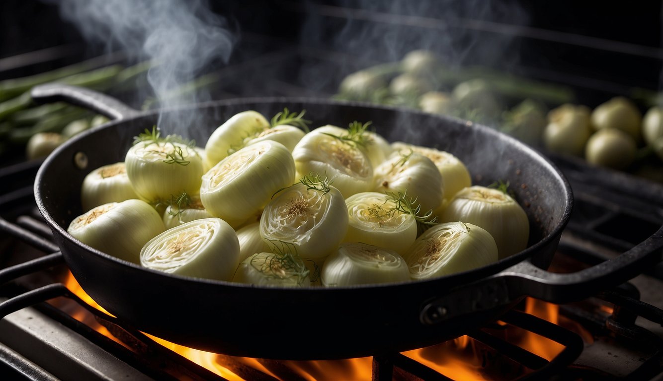 A skillet of halved fennel bulbs roasting over an open flame.