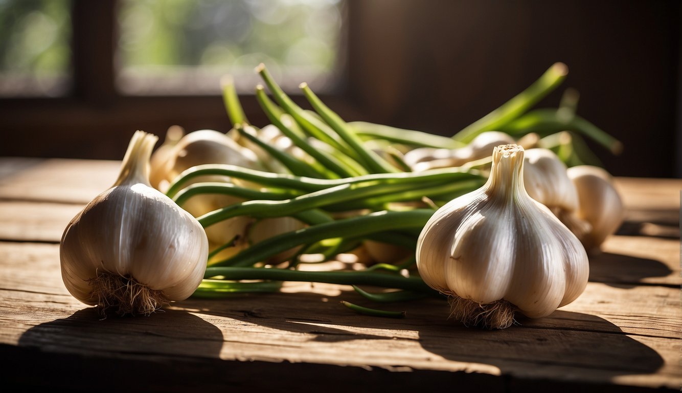 Fresh garlic bulbs with green stems on a wooden surface.