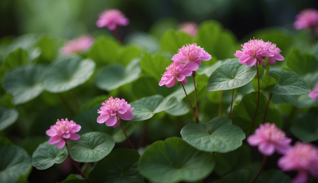A close-up view of vibrant pink Gotu Kola flowers blooming amidst lush green leaves.