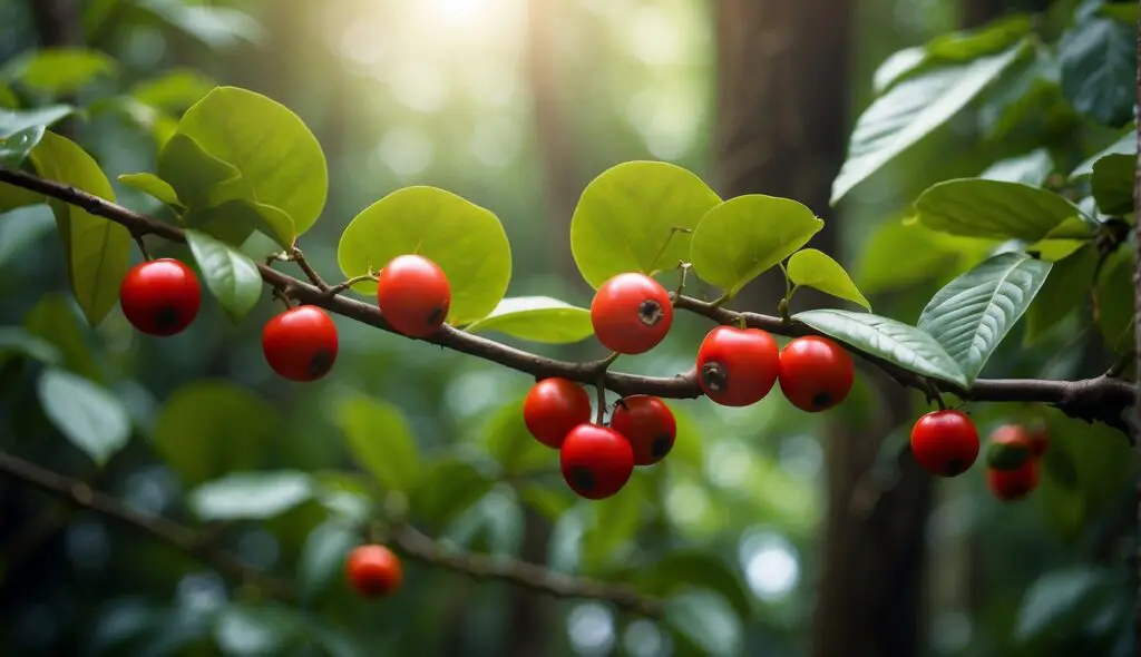 A photo realistic image of a cluster of red and white Guarana on a tree trunk.