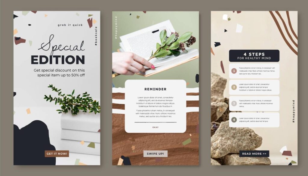 Three brochure designs showcasing a special edition book sale, a reminder about herbal medicine, and four steps for a healthy mind.