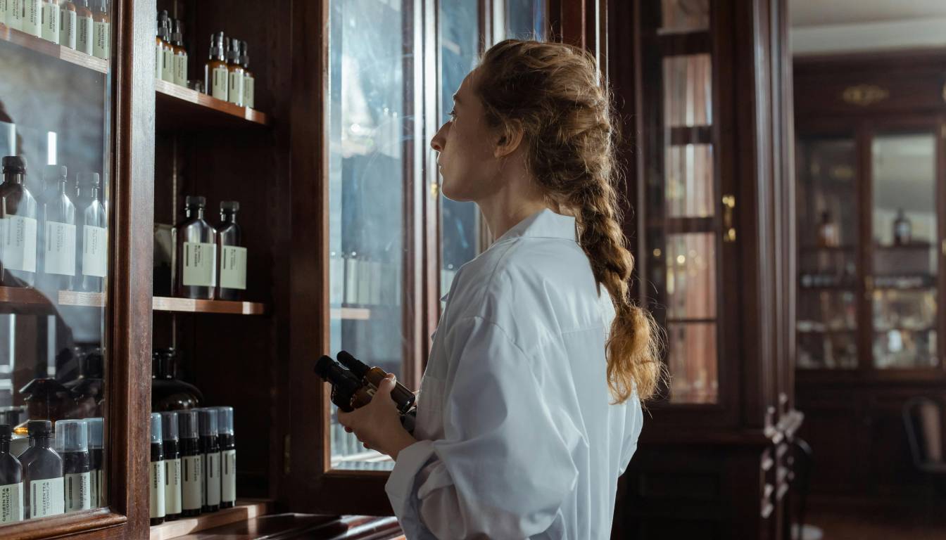 A person in a white lab coat examines bottles of herbal medicine on wooden shelves in a traditional apothecary setting.