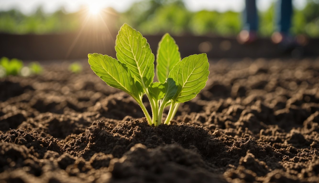 A photo of a Horseradish growing in a patch of soil.