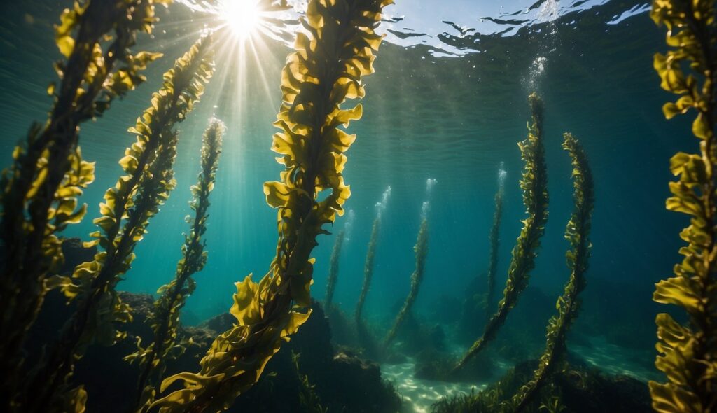 An underwater view of a kelp farm with tall, golden-brown seaweed stretching towards the surface, illuminated by sunbeams penetrating the clear blue water.