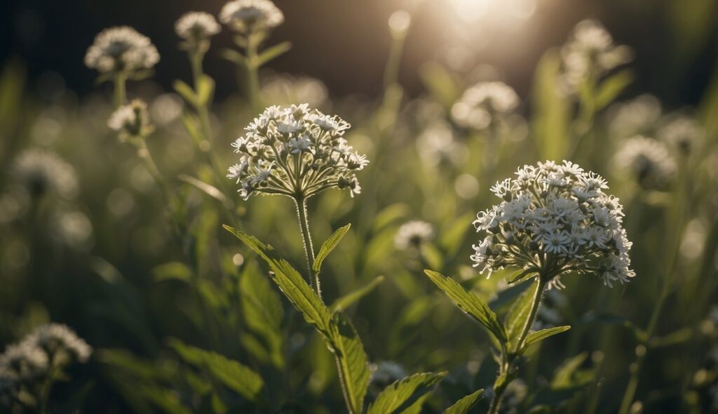 A close-up view of Late Boneset flowers, with their white blossoms and green leaves illuminated by the soft glow of sunlight.