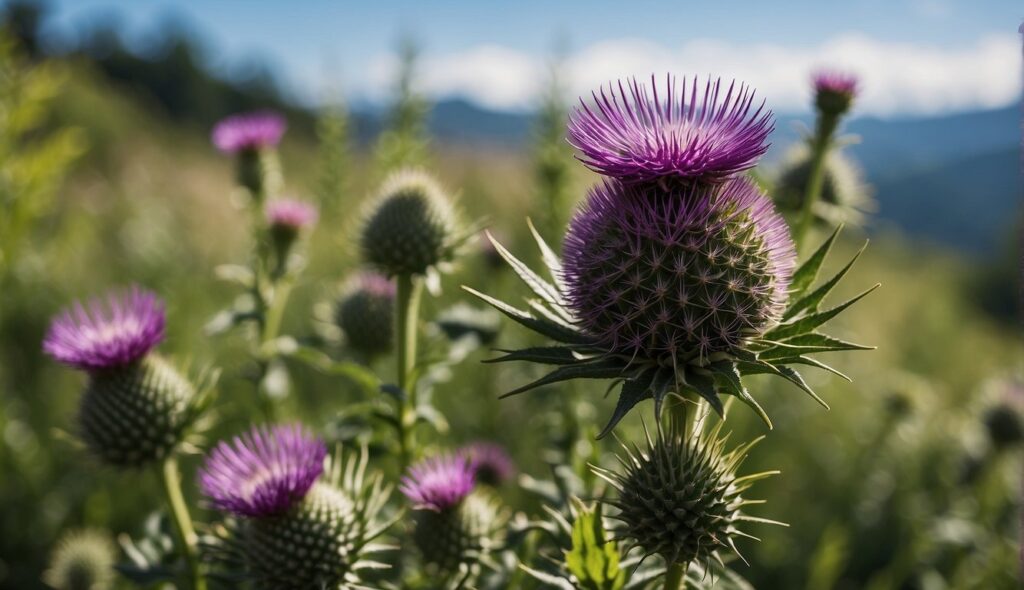 A vibrant image showcasing milk thistle plants in full bloom, with their distinct purple flowers and spiky green stems, set against a backdrop of a lush green field and distant mountains.