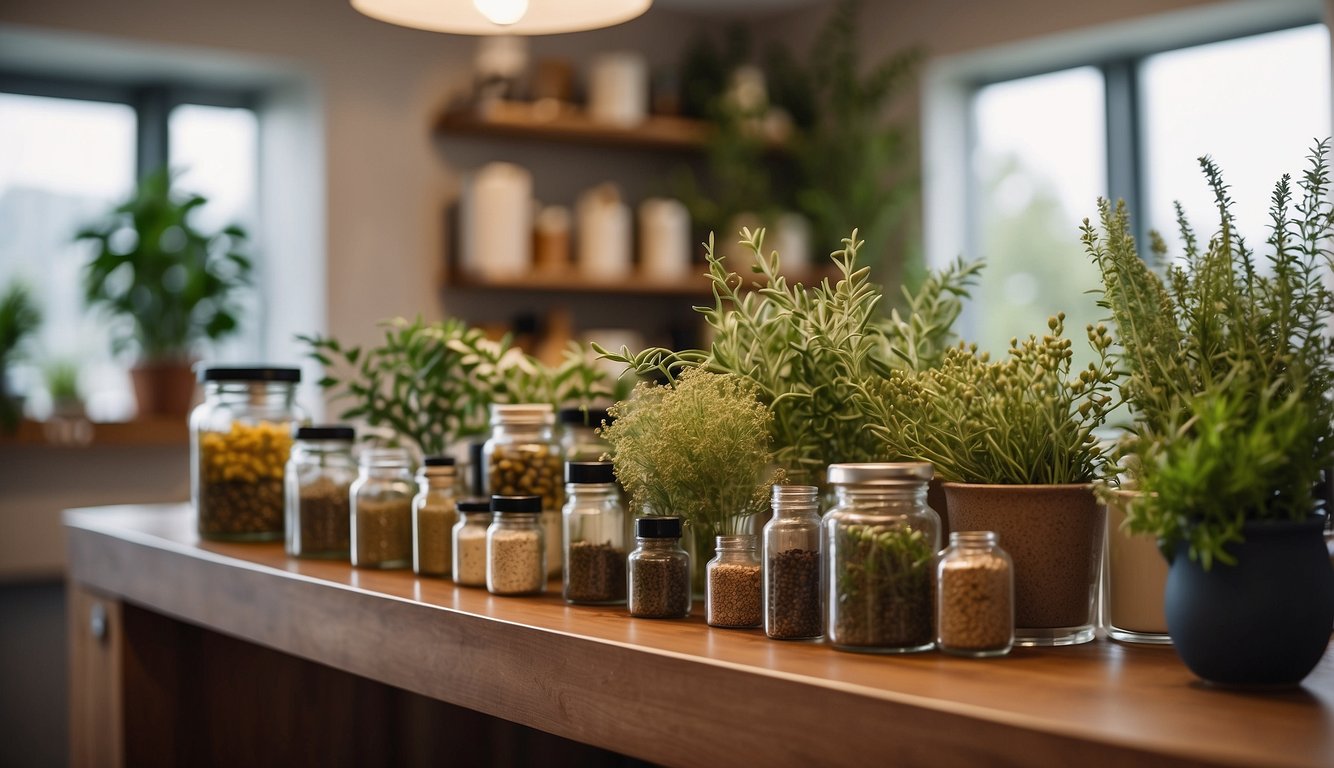 A variety of herbs and natural remedies displayed on a wooden counter, representing naturopathic medicine.