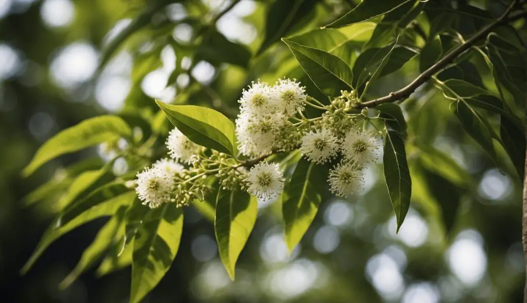 A close-up view of a neem tree branch, showcasing its lush green leaves and clusters of white blossoms against a blurred natural background.