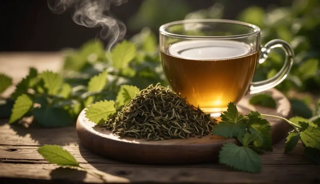A steaming cup of nettle tea beside a pile of dried nettles on a wooden surface, surrounded by fresh green nettle leaves.
