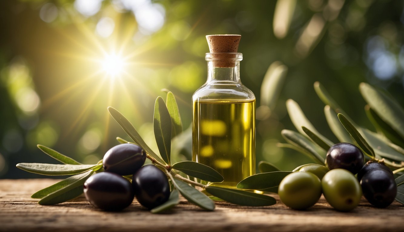 A bottle of olive leaf extract surrounded by fresh olives and olive leaves, illuminated by sunlight.