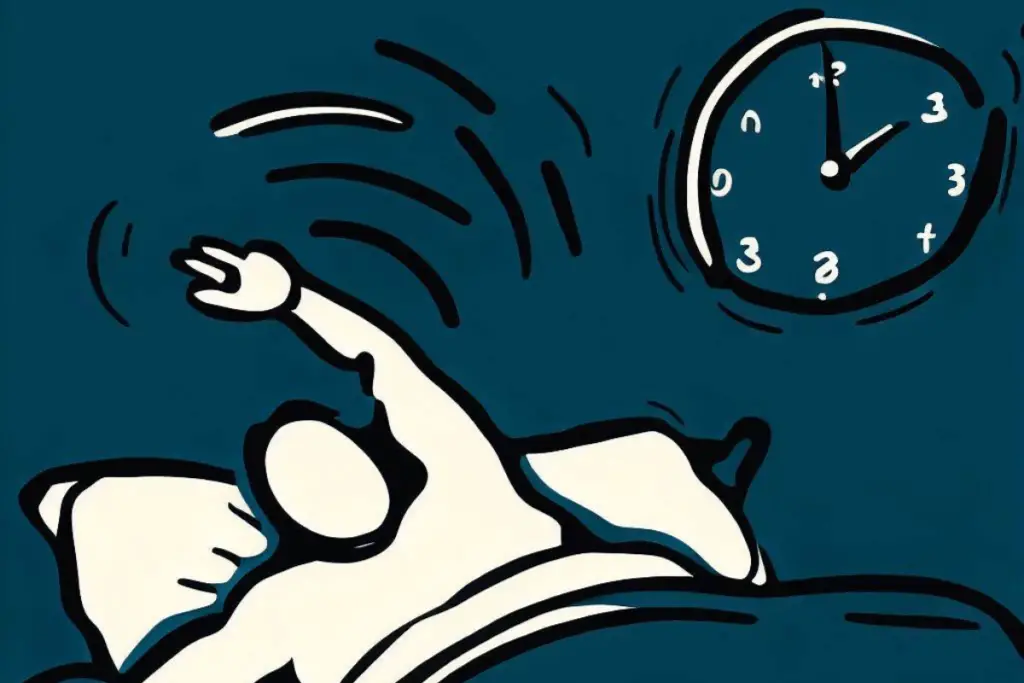 An illustration of a person lying in bed and stretching their arm towards an alarm clock.