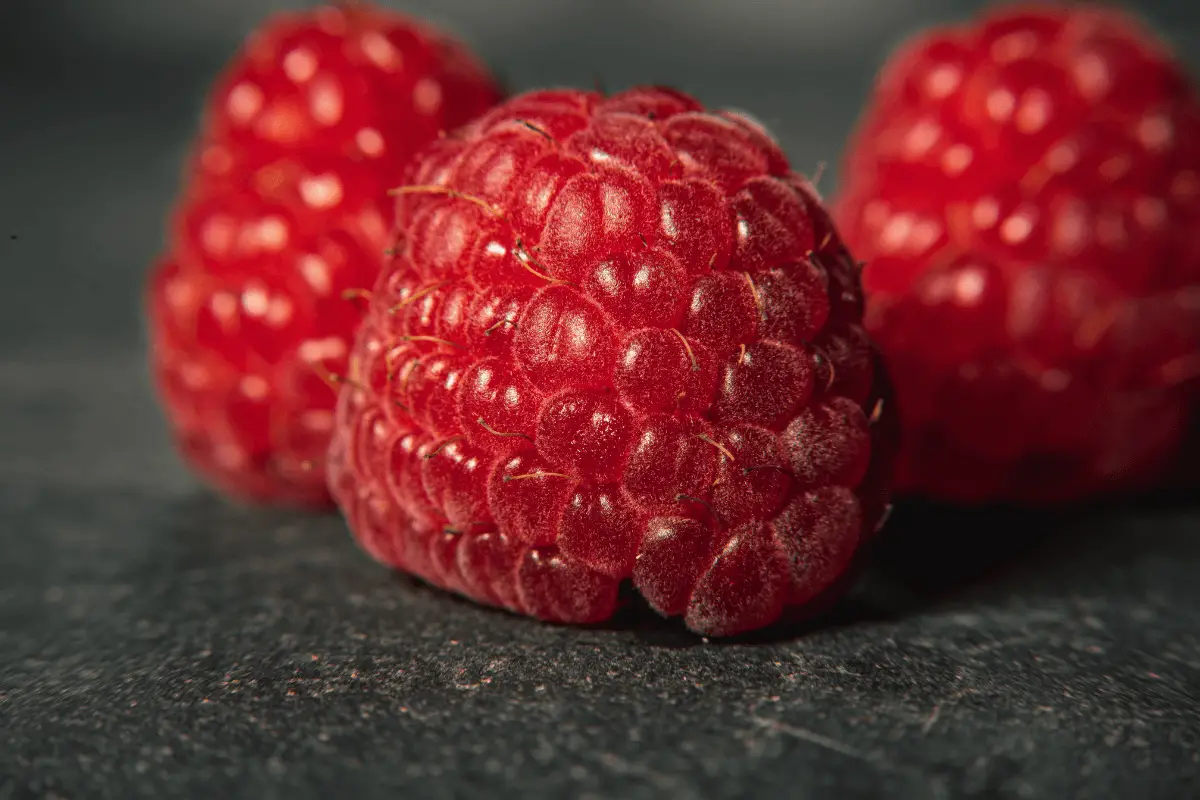 A close-up photo of three red raspberries on a dark grey background.