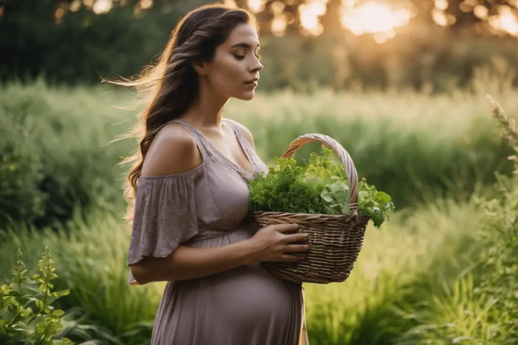 A pregnant woman holding a basket of vegetables in a field. Herbal Medicine During Pregnancy