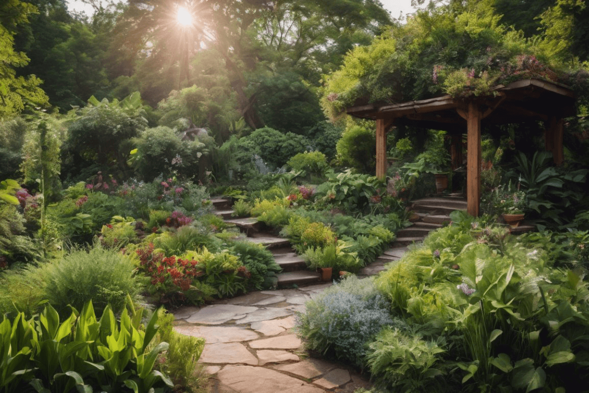 A beautiful garden with a stone path and a wooden pergola.