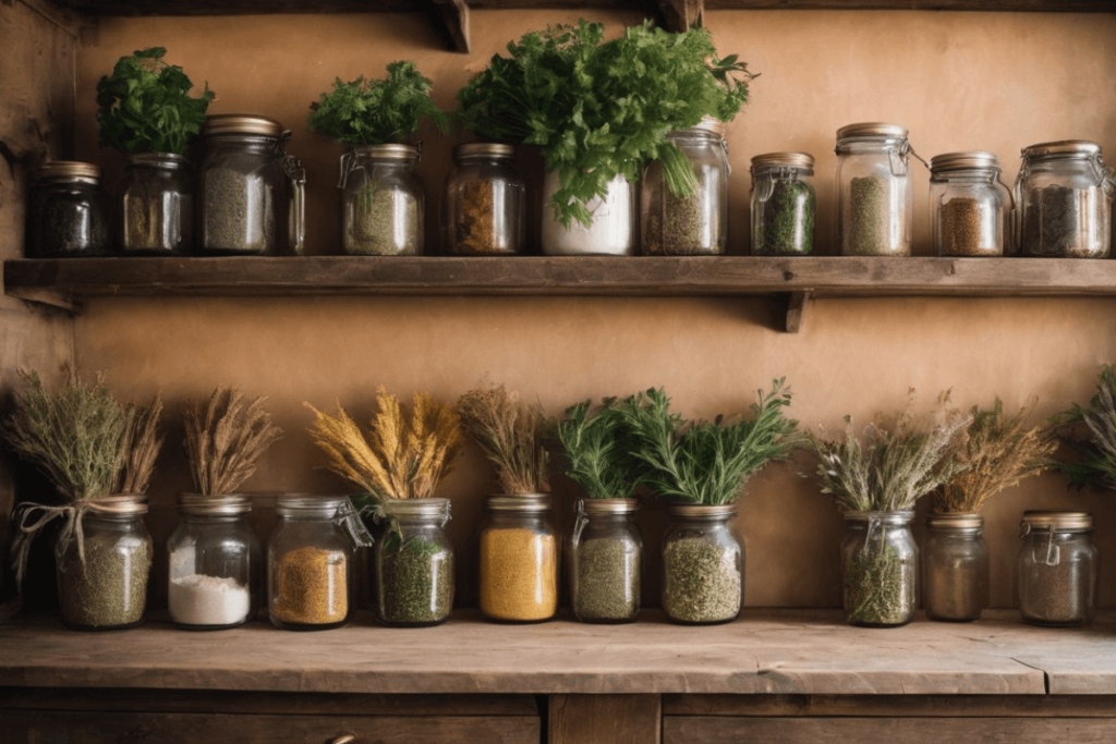 A rustic wooden shelf with various jars of dried herbs and spices.