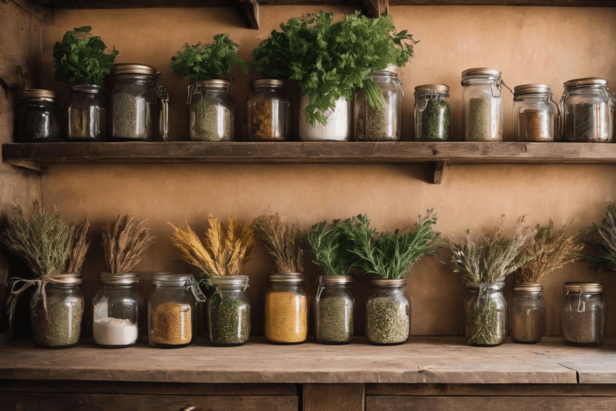 A rustic wooden shelf with various jars of dried herbs and spices. Herbal Medicine Biomolecular And Clinical Aspects. 2nd Edition