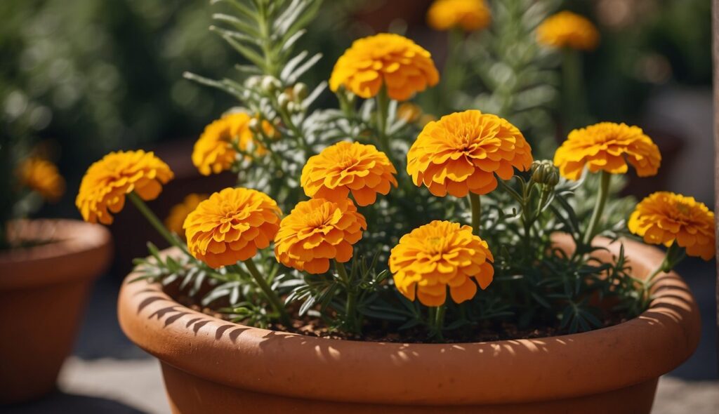A close-up view of vibrant yellow Spanish Marigold flowers blooming in a terracotta pot, bathed in sunlight.