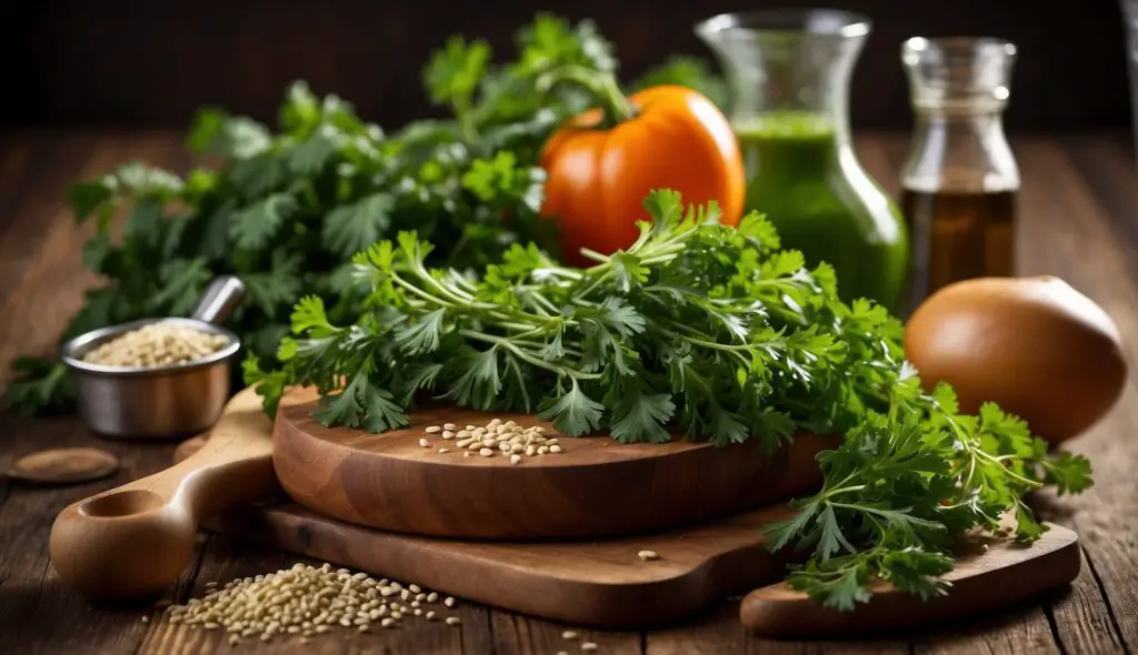 A vibrant display of fresh parsley on a wooden cutting board, surrounded by ingredients like sesame seeds, an orange bell pepper, an egg, and bottles of oils.