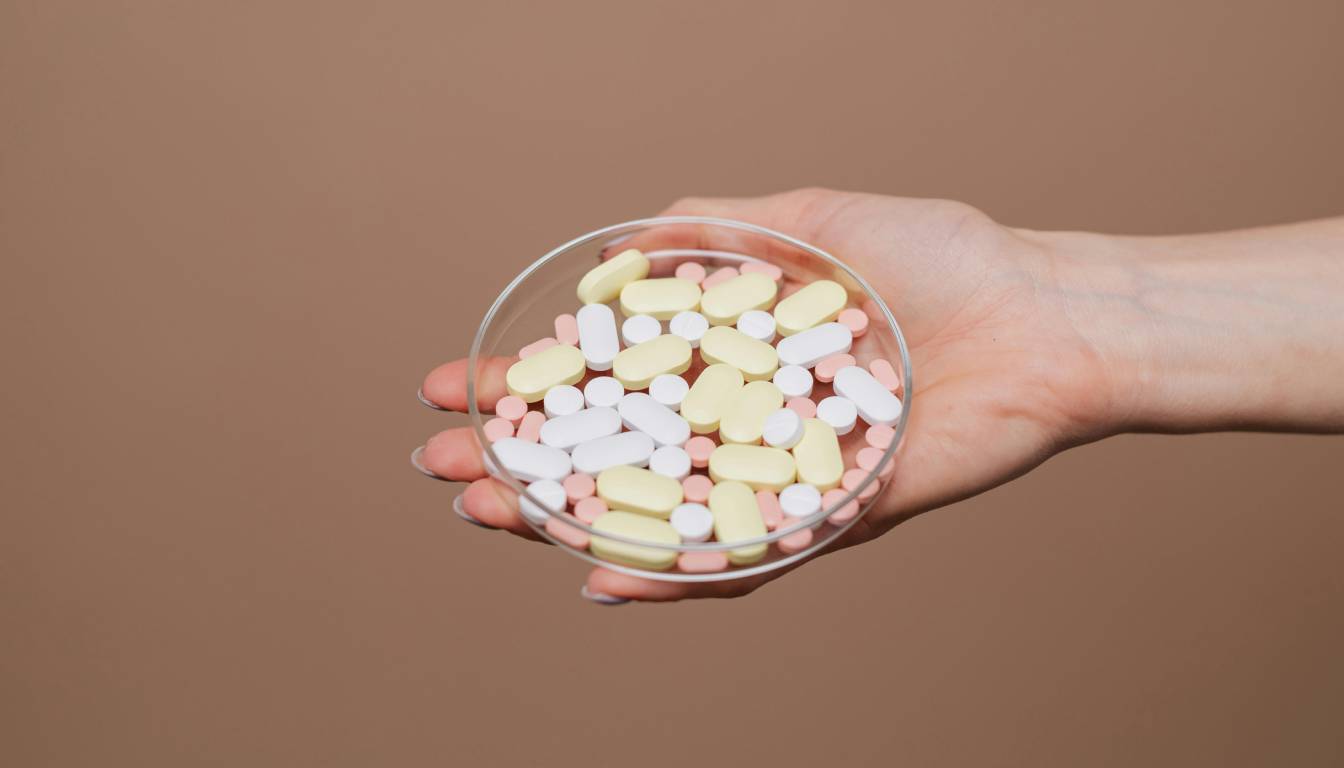 A hand holding a petri dish filled with various colored pills, including yellow, white, and pink tablets, against a plain brown background.