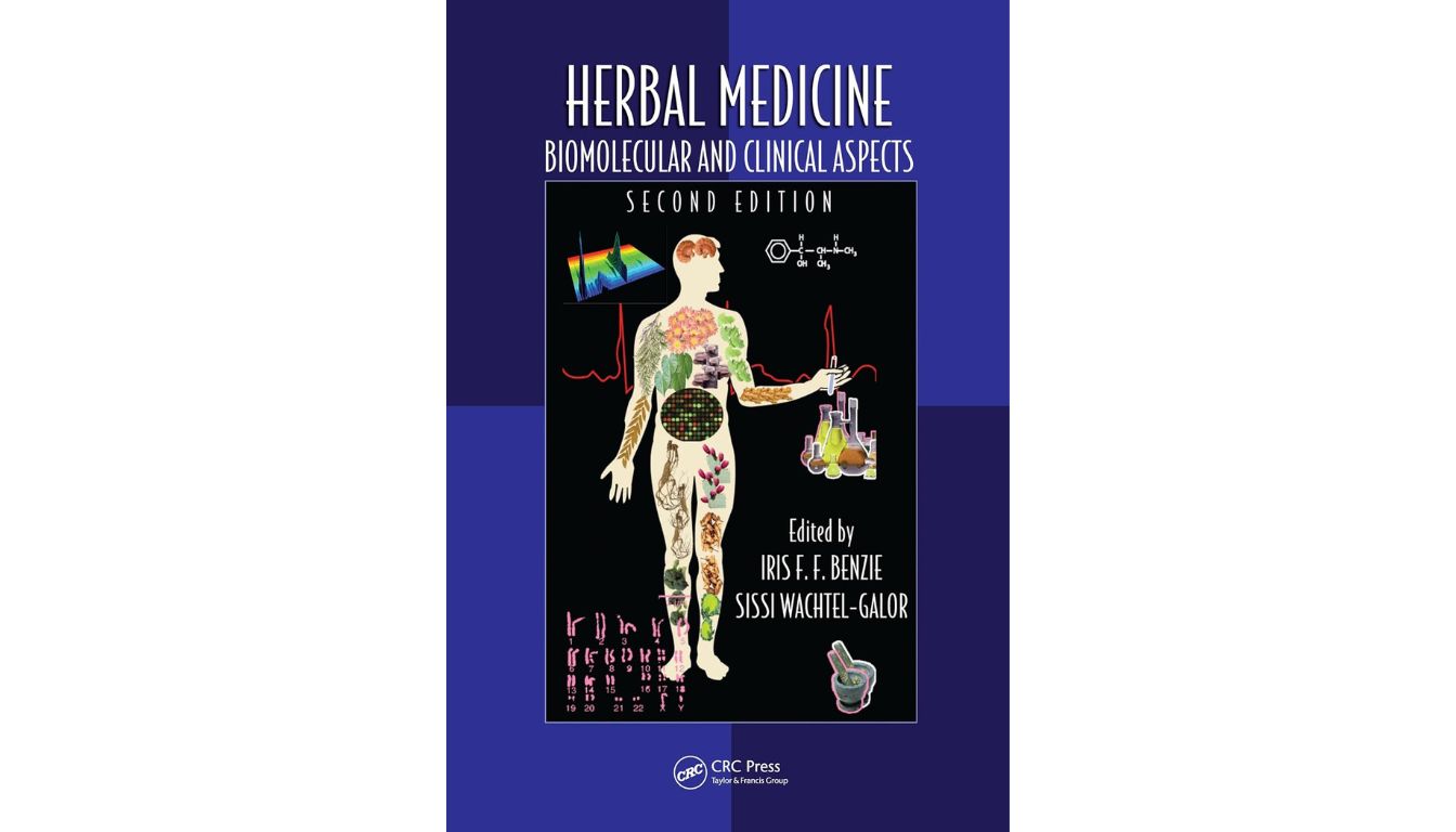 Cover of the book titled "Herbal Medicine: Biomolecular and Clinical Aspects, Second Edition," edited by Iris F. F. Benzie and Sissi Wachtel-Galor, published by CRC Press. The cover features an illustration of a human figure with various plants and scientific symbols overlaid on the body, representing the integration of herbal medicine and biomolecular science.