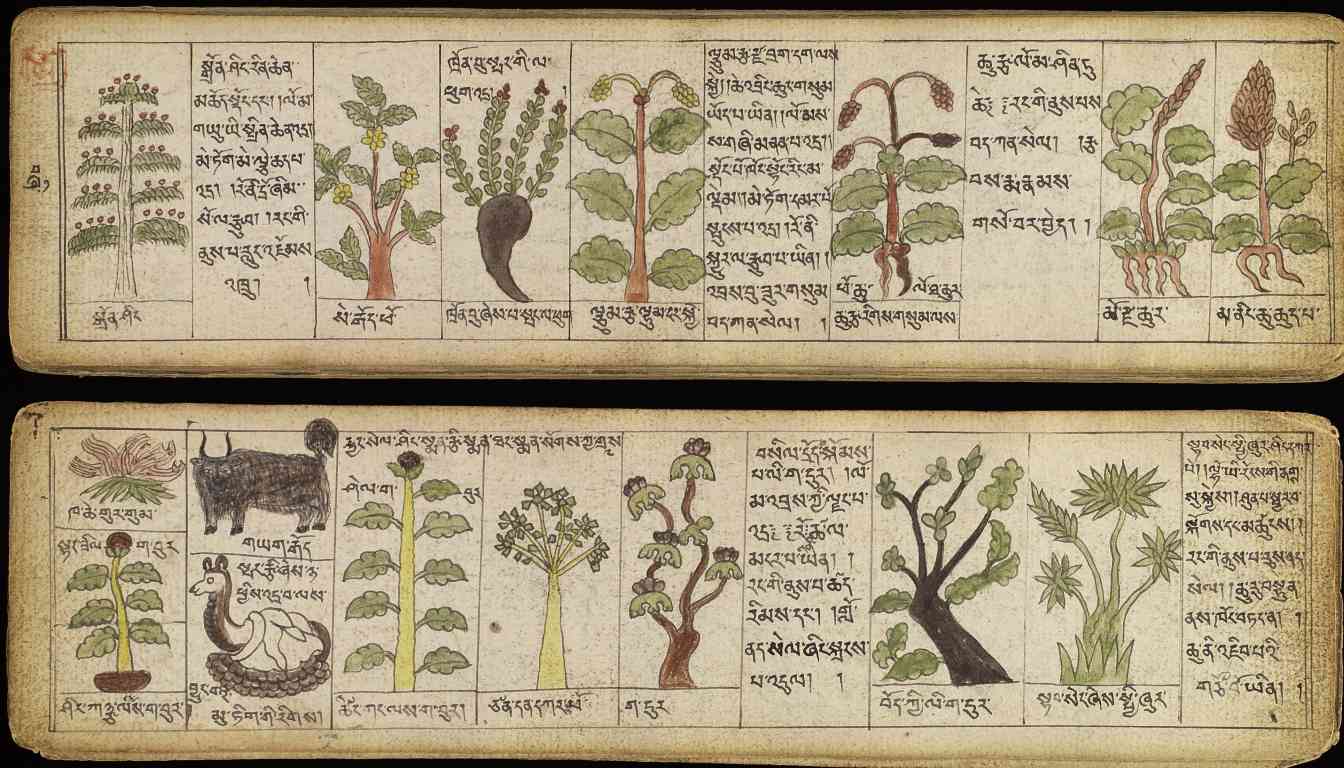 An ancient manuscript with illustrations and text in Tibetan script, depicting various plants and animals used in herbal medicine.