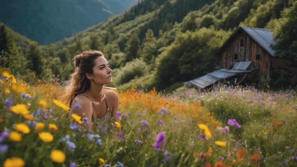 A woman in a field of wildflowers with a cabin in the background.