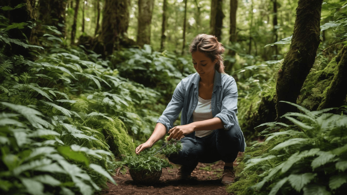 A person crouching in a lush forest, examining a fern.