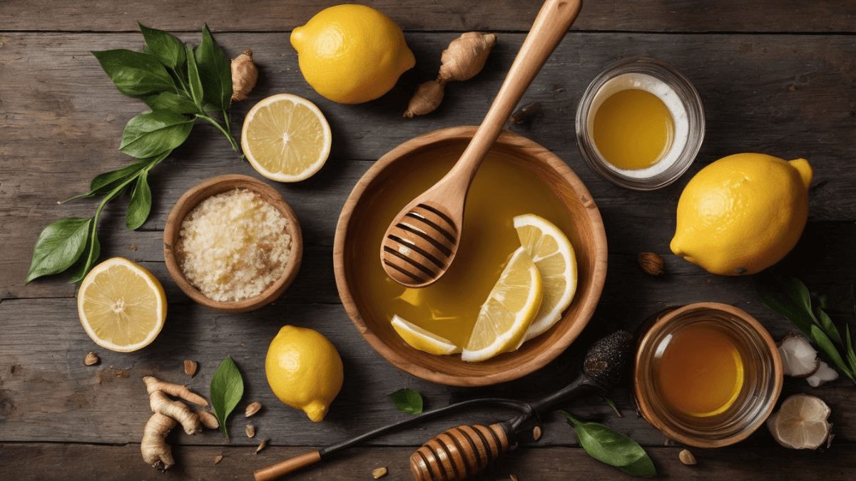 A flat lay of lemons, honey, and ginger on a wooden table.