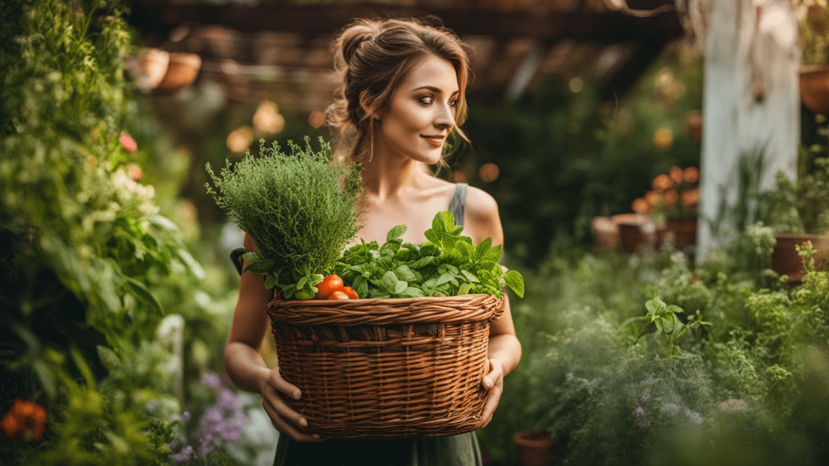 A person holding a basket of herbs and vegetables in a garden.