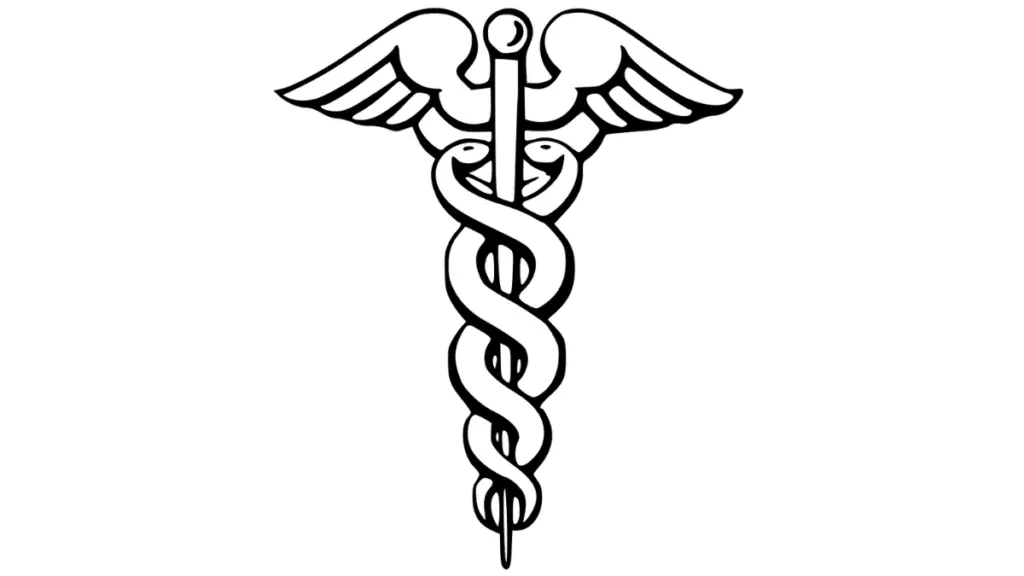 A black and white illustration of the caduceus symbol, commonly associated with medicine and healthcare.