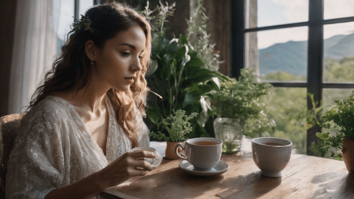 A serene image of a woman enjoying a cup of tea at a wooden table, with various plants in the background.