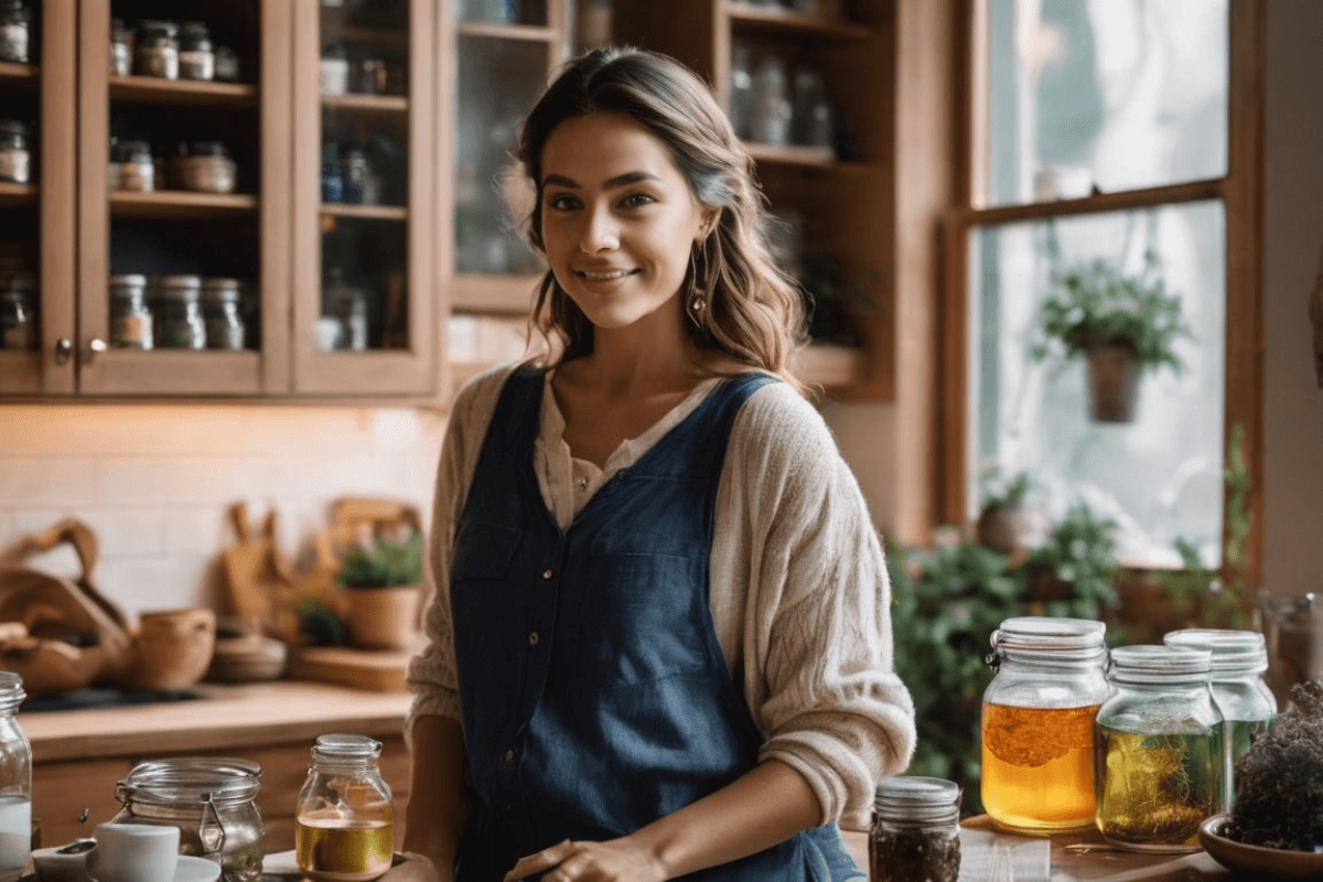 A person in a kitchen with a jar of honey. Herbal Remedies For Bloating After Eating