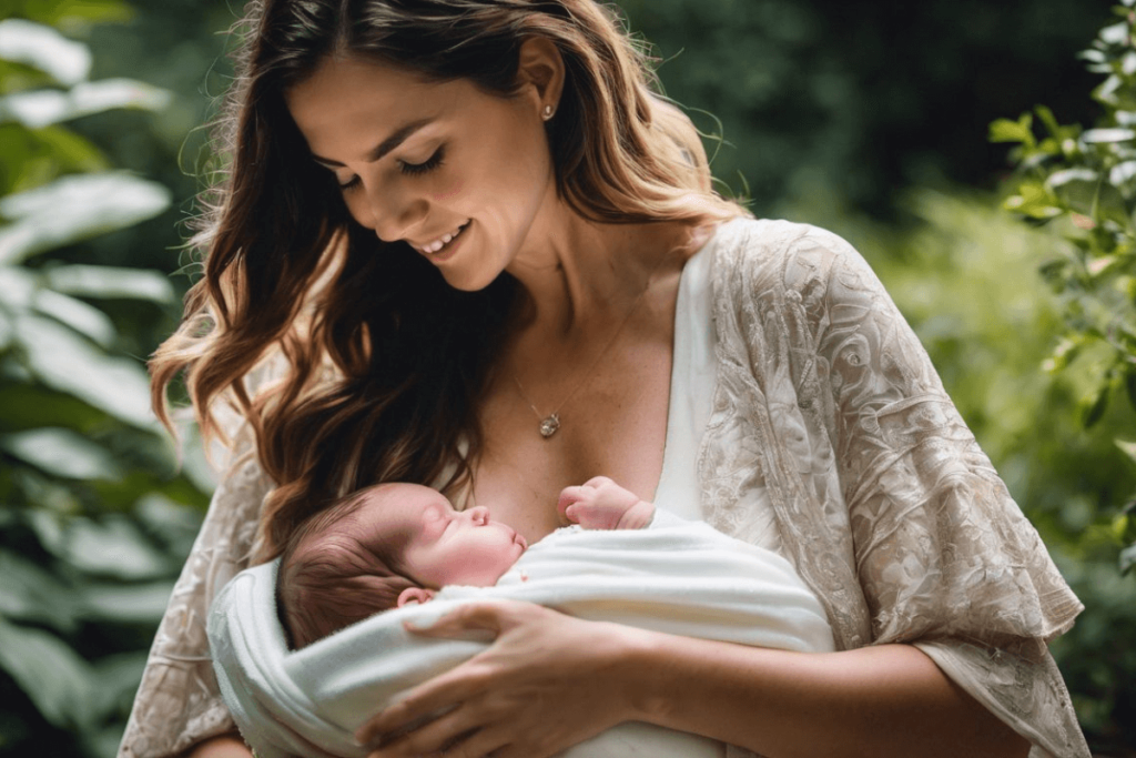 A mother holding her newborn baby in a garden. Herbal Remedies For After Birth