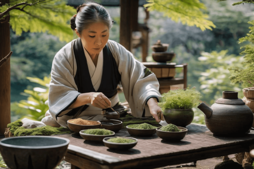A person in traditional Japanese clothing preparing herbal medicine. Herbal Medicine in Japan