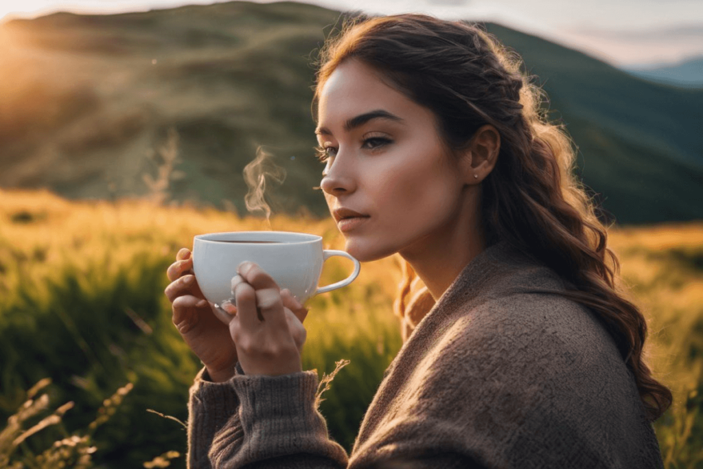 A person holding a cup of tea in a field with mountains in the background. Home Remedies Fever And Headache