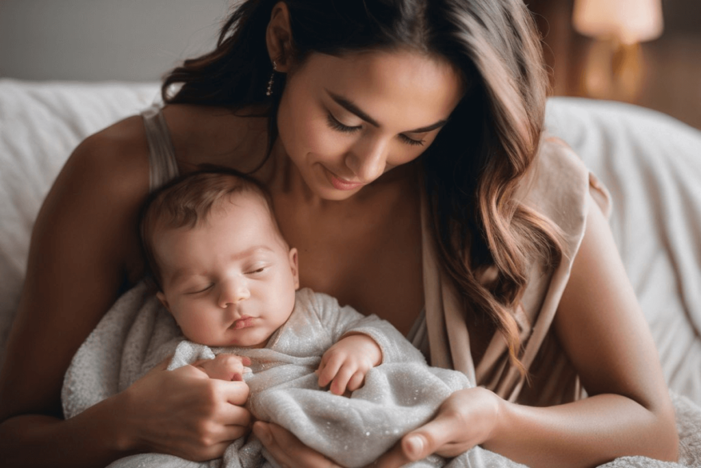 A mother and baby in bed, with the mother holding the baby close