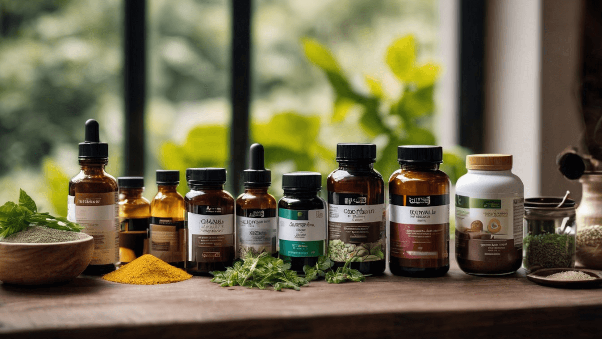 A collection of herbal medicine bottles and jars on a wooden surface with greenery in the background.