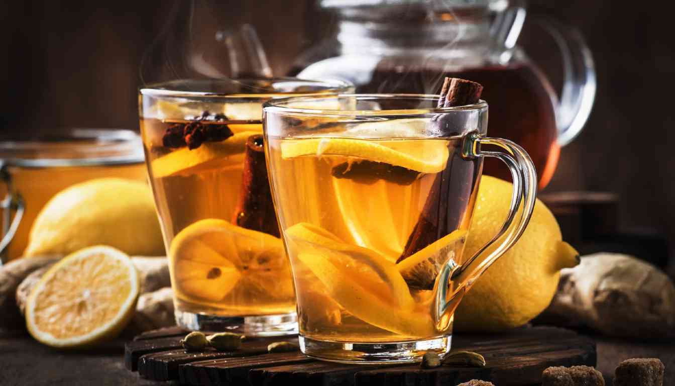 A warm, soothing herbal tea with lemon and spices in a clear glass mug, accompanied by additional lemon slices and a teapot in the background, suggesting a natural remedy for sore throat relief.