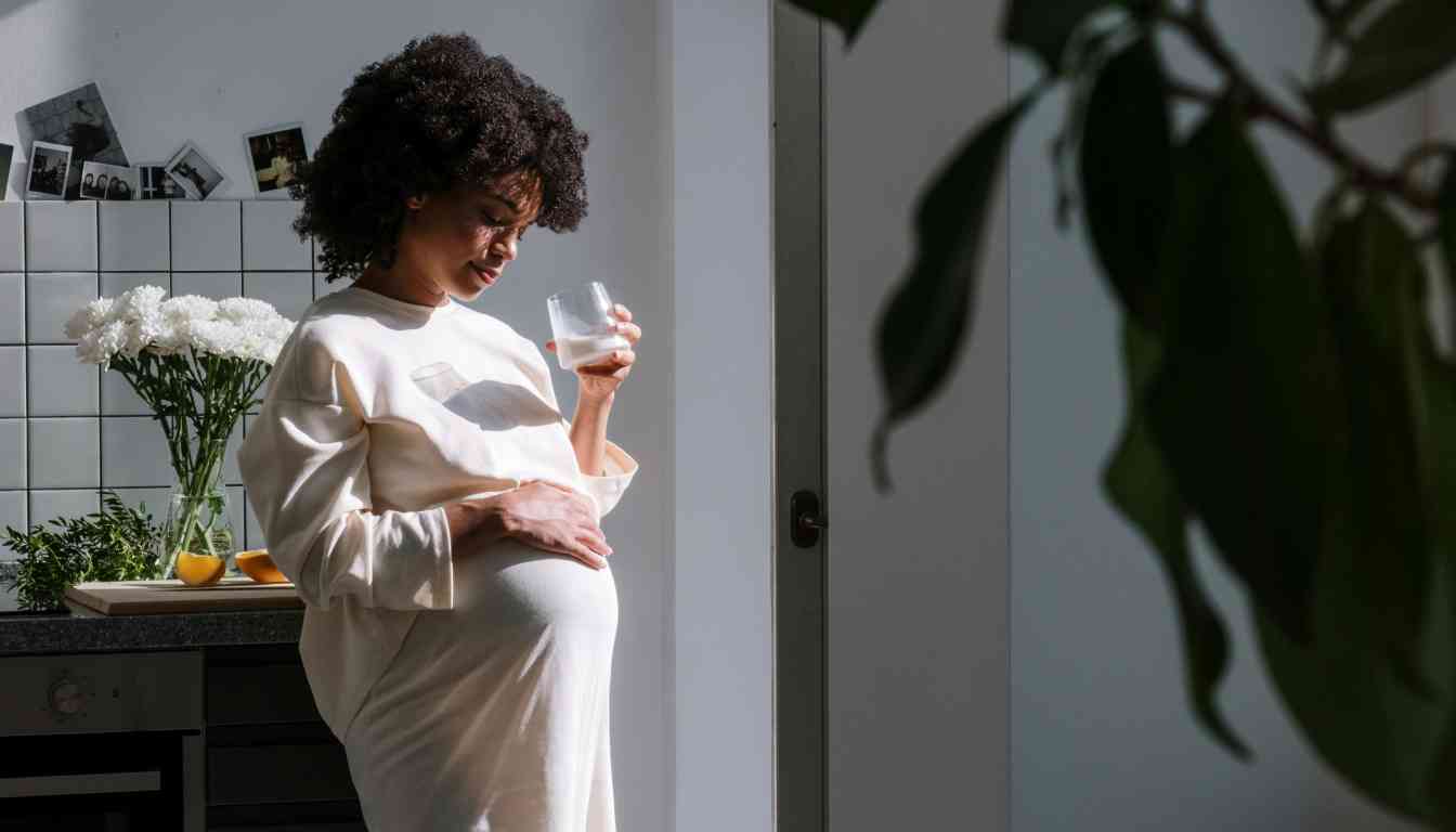 A pregnant individual standing in a kitchen, holding a glass of water, with natural remedies like citrus fruits on the counter.